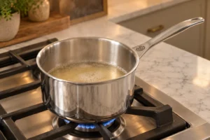 Gelatin dissolved and lightly foamy in a stainless saucepan for Later Full GAPS cheesecake