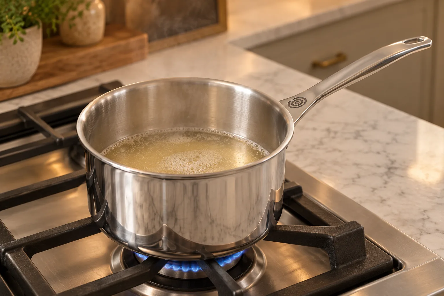 Gelatin dissolved and lightly foamy in a stainless saucepan for Later Full GAPS cheesecake