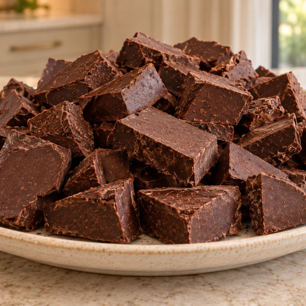 A generous platter of irregular honey-sweetened cocoa-butter chocolate chunks