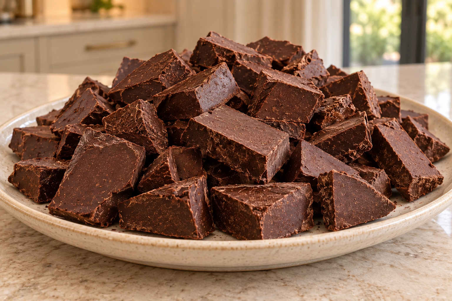 A generous platter of irregular honey-sweetened cocoa-butter chocolate chunks