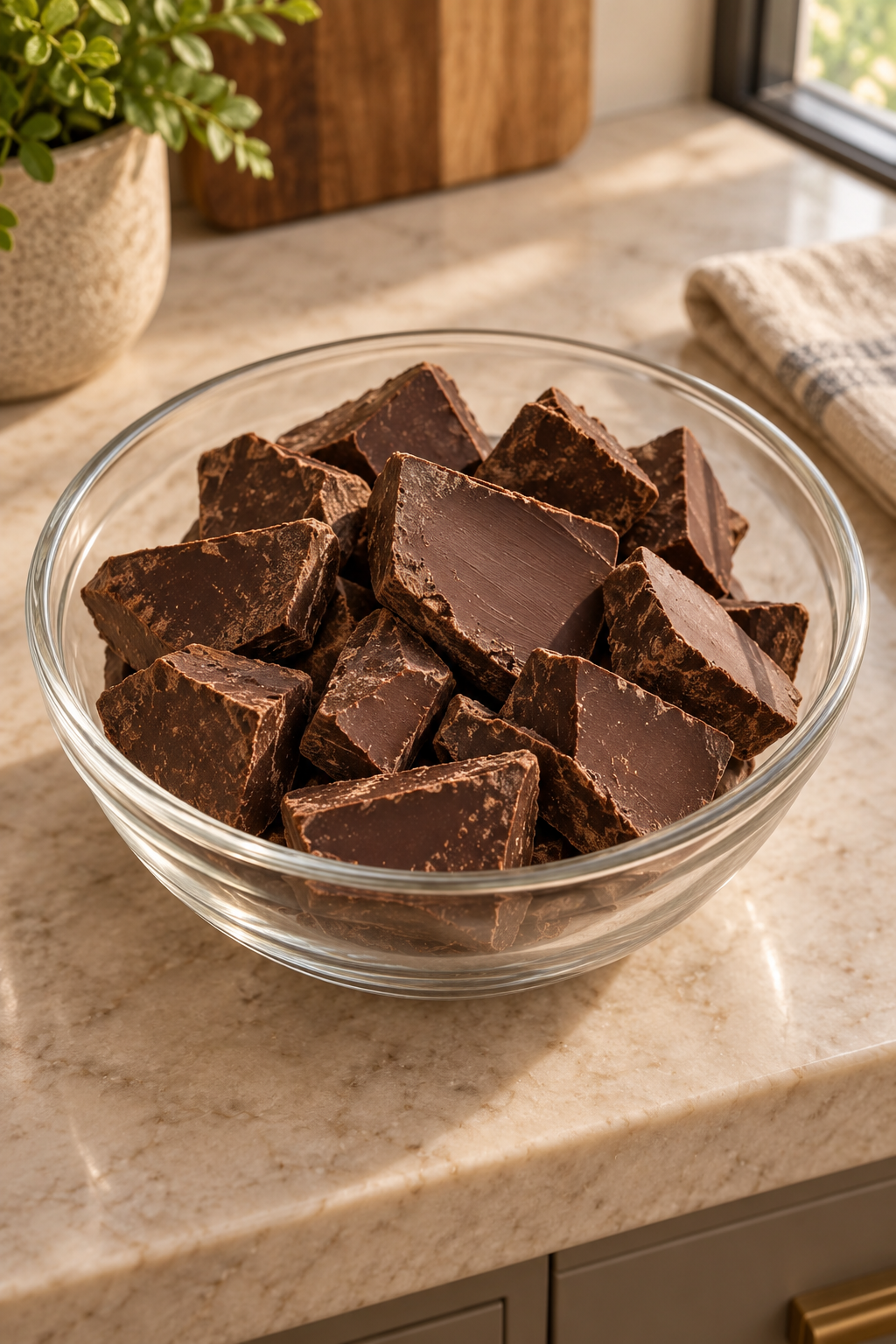 Irregular homemade cocoa-butter chocolate chunks in a clear glass bowl