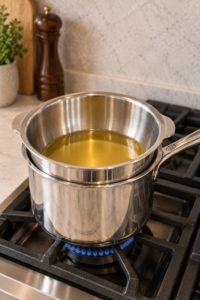 Raw cocoa butter melting water-free in a stainless double boiler for chocolate chunks
