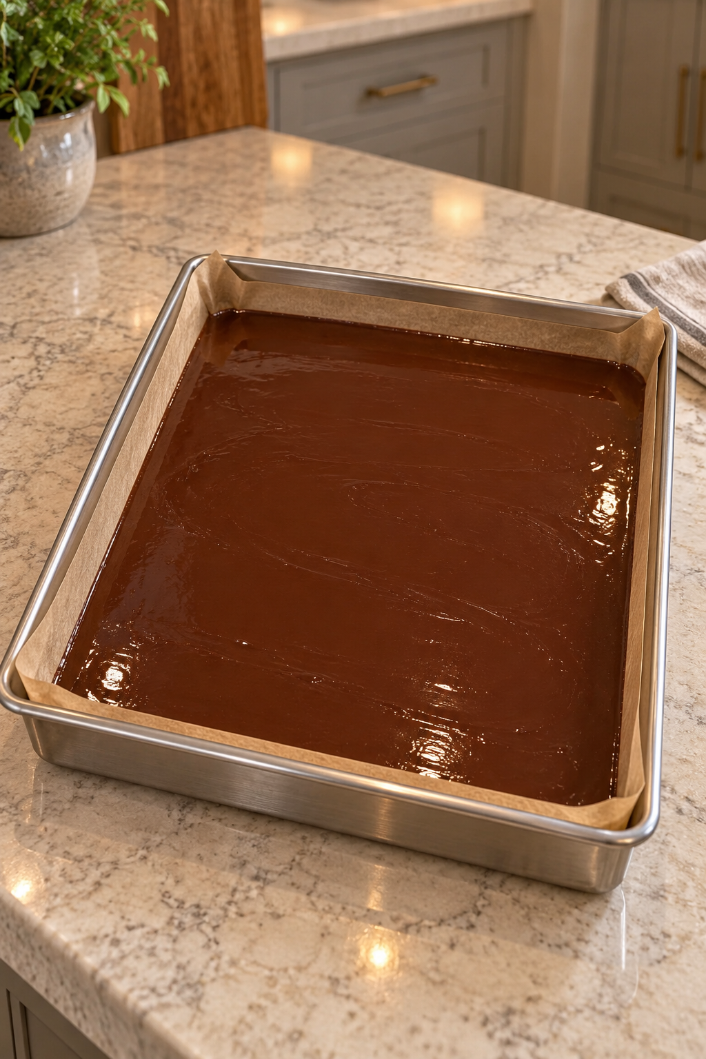 Smooth honey-sweetened cocoa-butter chocolate mixture resting in a parchment-lined stainless pan