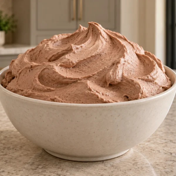 Chocolate coconut cream whipped topping in a warm-white bowl