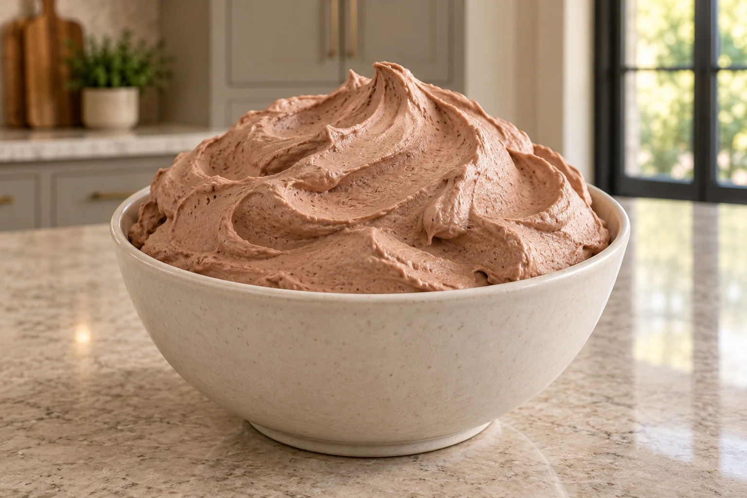 Chocolate coconut cream whipped topping in a warm-white bowl