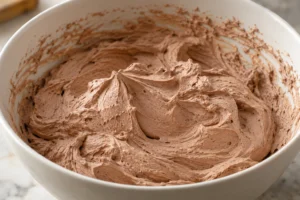 Chocolate coconut cream whipped to soft fluffy ridges in a mixing bowl