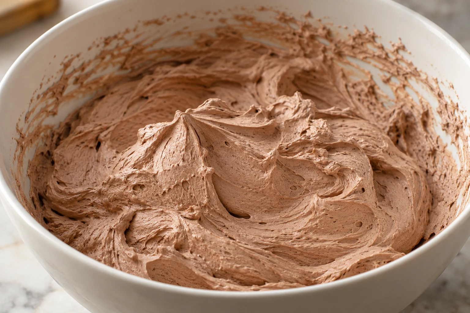 Chocolate coconut cream whipped to soft fluffy ridges in a mixing bowl