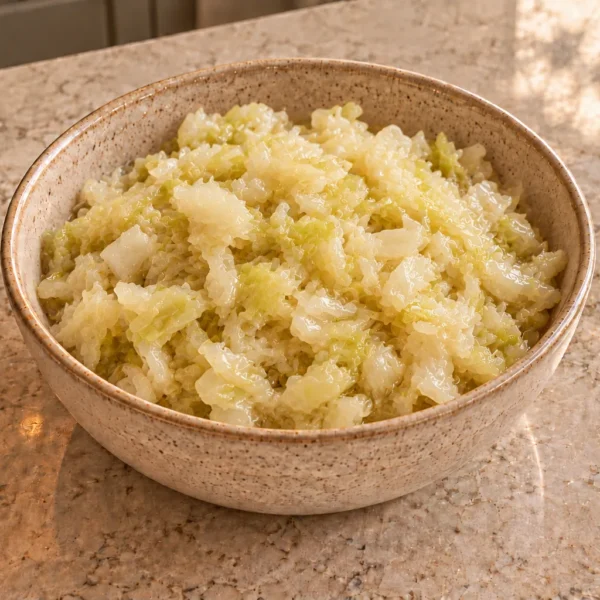 Finished chopped sauerkraut with moist pale cabbage pieces in a ceramic bowl