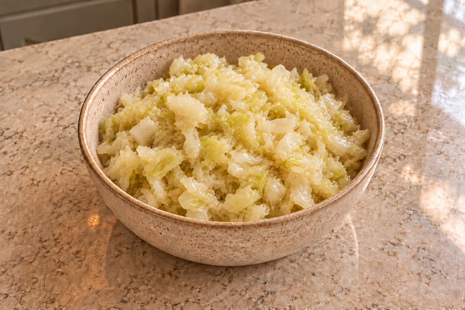 Finished chopped sauerkraut with moist pale cabbage pieces in a ceramic bowl