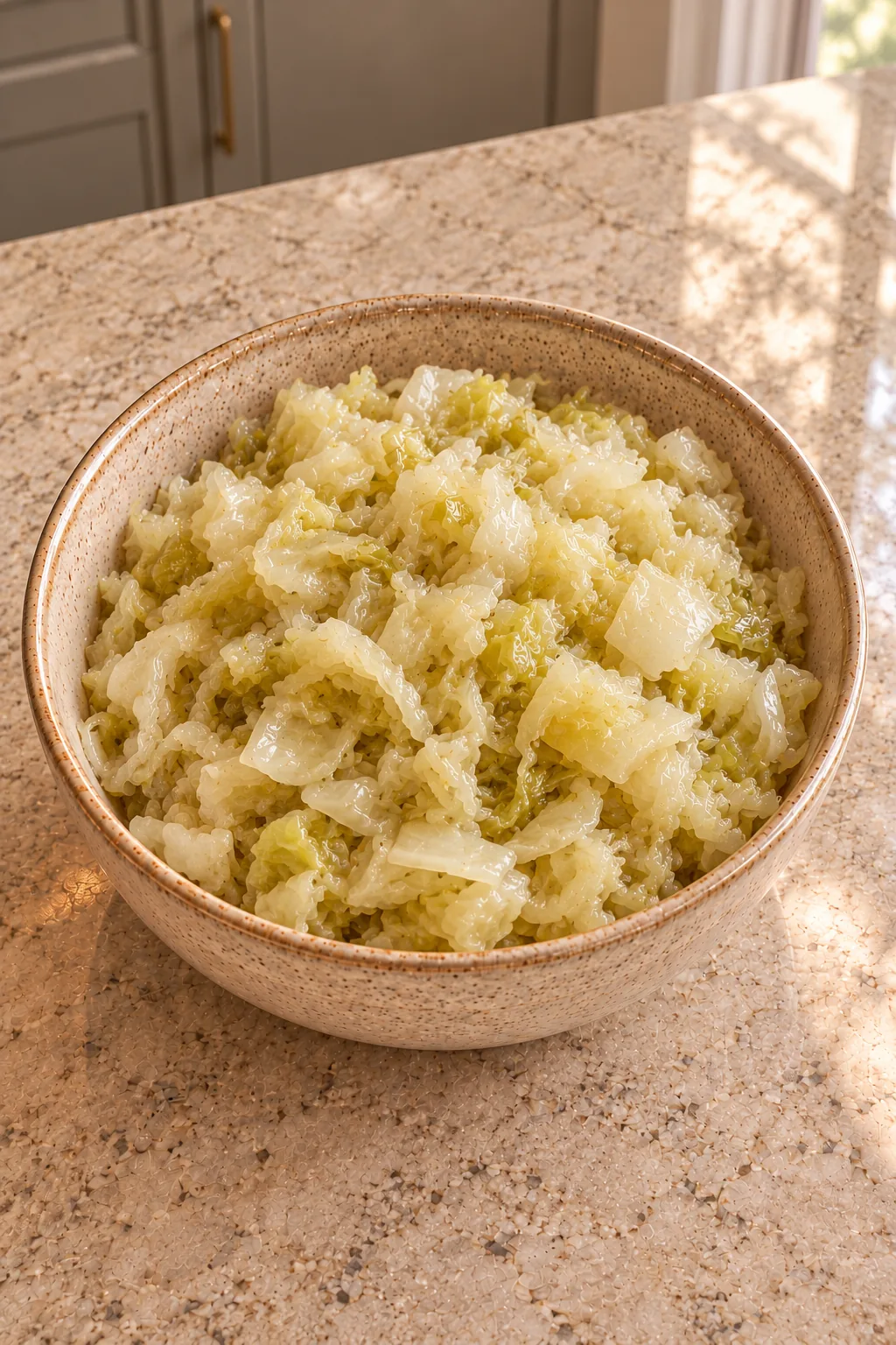 Finished chopped sauerkraut with moist pale cabbage pieces in a ceramic bowl