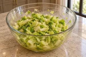 Chopped cabbage after the salted rest and kneading, with juice in the glass bowl