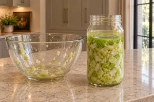 Chopped cabbage packed below brine and a glass weight in a quart jar beside the used mixing bowl