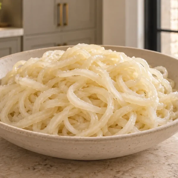 Plain sautéed daikon radish noodles for Full GAPS in a cream bowl