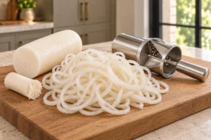 Raw spiralized daikon noodles with peeled sections and a stainless spiralizer for Full GAPS