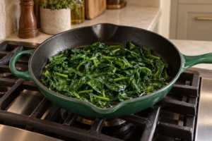 Spinach wilted with coconut oil in an Artichaut skillet, with cooking juices retained