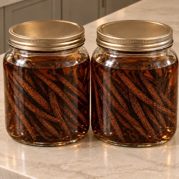Double-fold homemade vanilla extract for Full GAPS in two glass jars with a denser quantity of immersed split beans