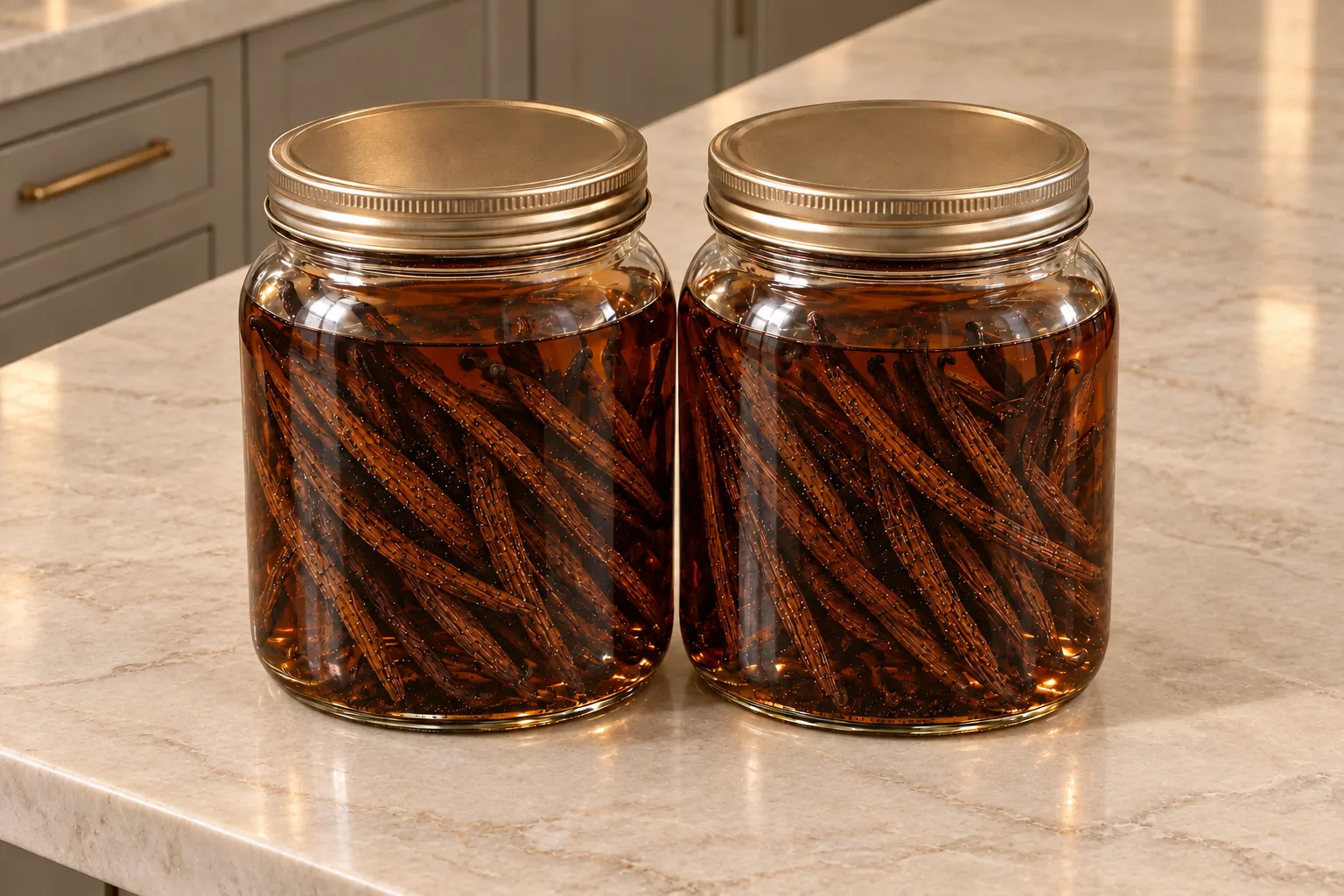 Double-fold homemade vanilla extract for Full GAPS in two glass jars with a denser quantity of immersed split beans