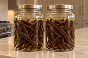 Fresh double-fold Full GAPS vanilla extract with thirty-two split pods and clear grape vodka in each supported glass jar