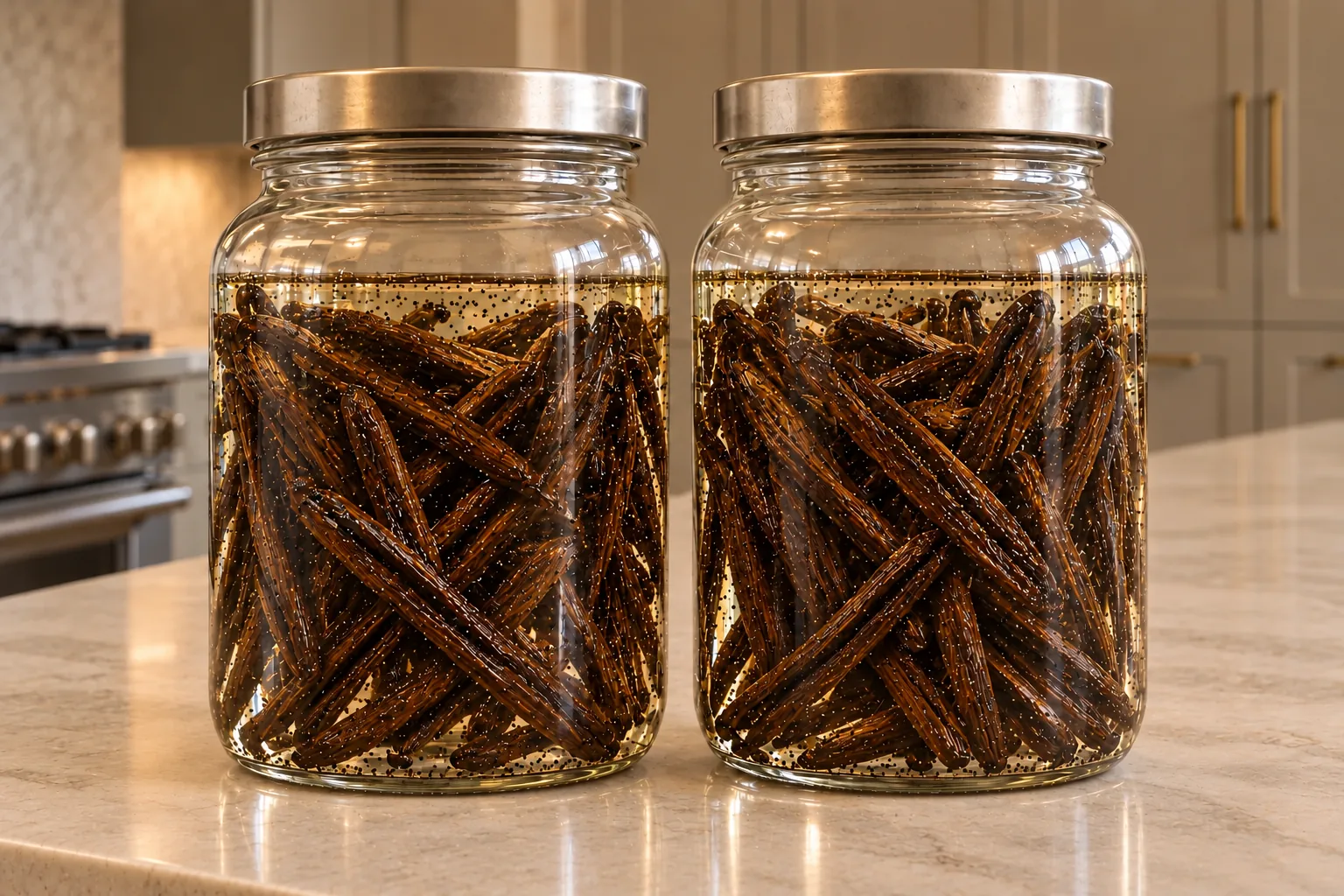Fresh double-fold Full GAPS vanilla extract with thirty-two split pods and clear grape vodka in each supported glass jar