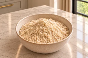 Dry fermented almond meal for Full GAPS in a cream bowl.