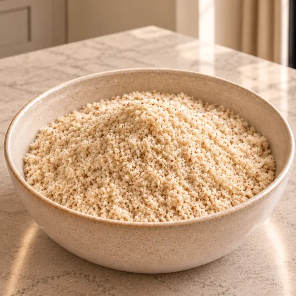 Dry fermented almond meal for Full GAPS in a cream bowl.