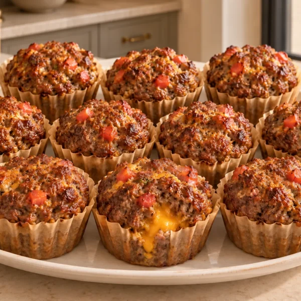Ten egg-free cheeseburger muffins for Later Full GAPS arranged on a cream platter