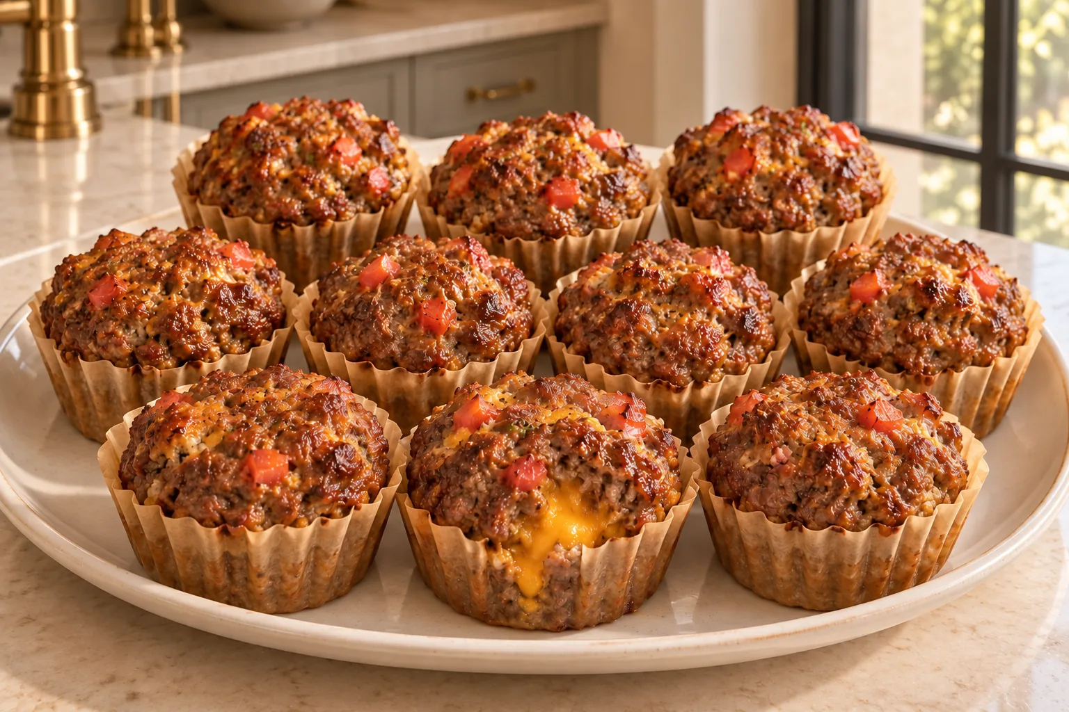 Ten egg-free cheeseburger muffins for Later Full GAPS arranged on a cream platter