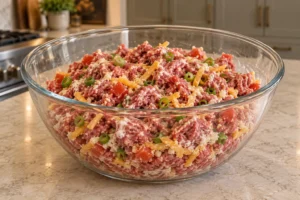 Beef-dominant egg-free cheeseburger muffin mixture with cultured sour cream, tomato, green onion, cheddar and fine cauliflower for Later Full GAPS