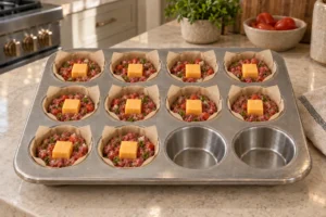 Ten parchment-lined cheeseburger muffin wells half-filled with beef mixture and one cheddar cube centered in each for Later Full GAPS