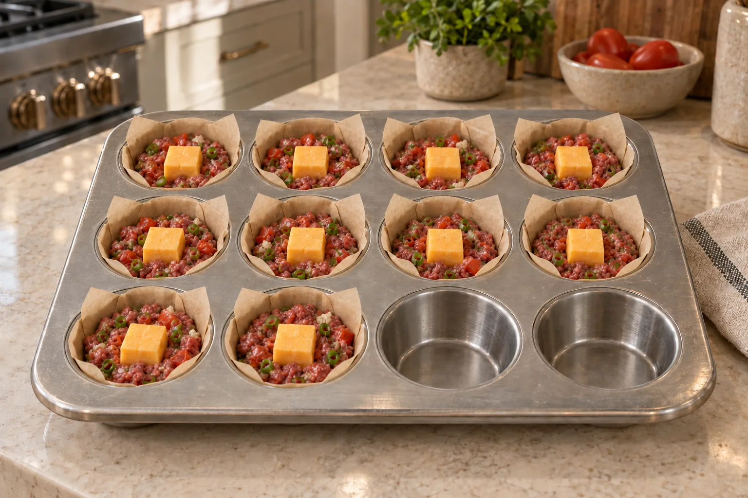 Ten parchment-lined cheeseburger muffin wells half-filled with beef mixture and one cheddar cube centered in each for Later Full GAPS