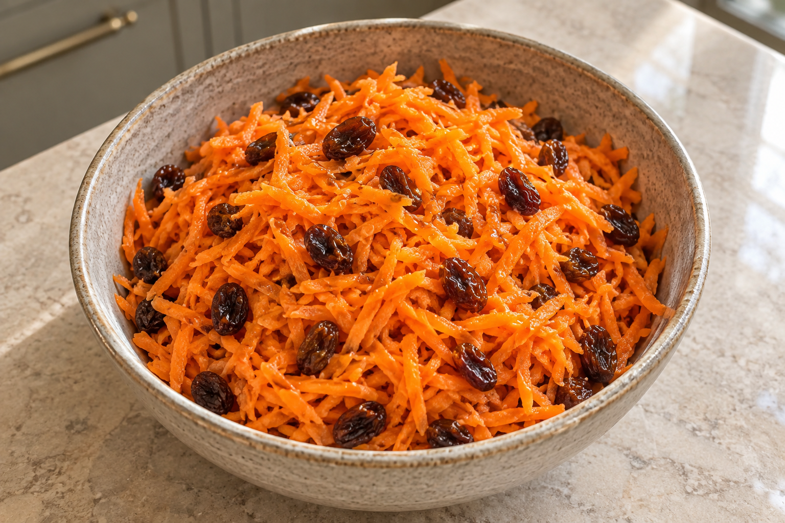 Overhead view of finely shredded carrot raisin salad for Full GAPS