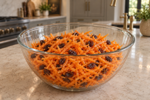 Carrots and whole raisins evenly tossed with a light raw honey glaze