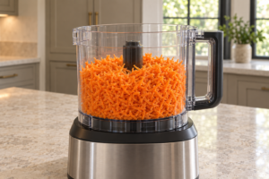 Fine dry carrot shreds in a food processor bowl after shredding