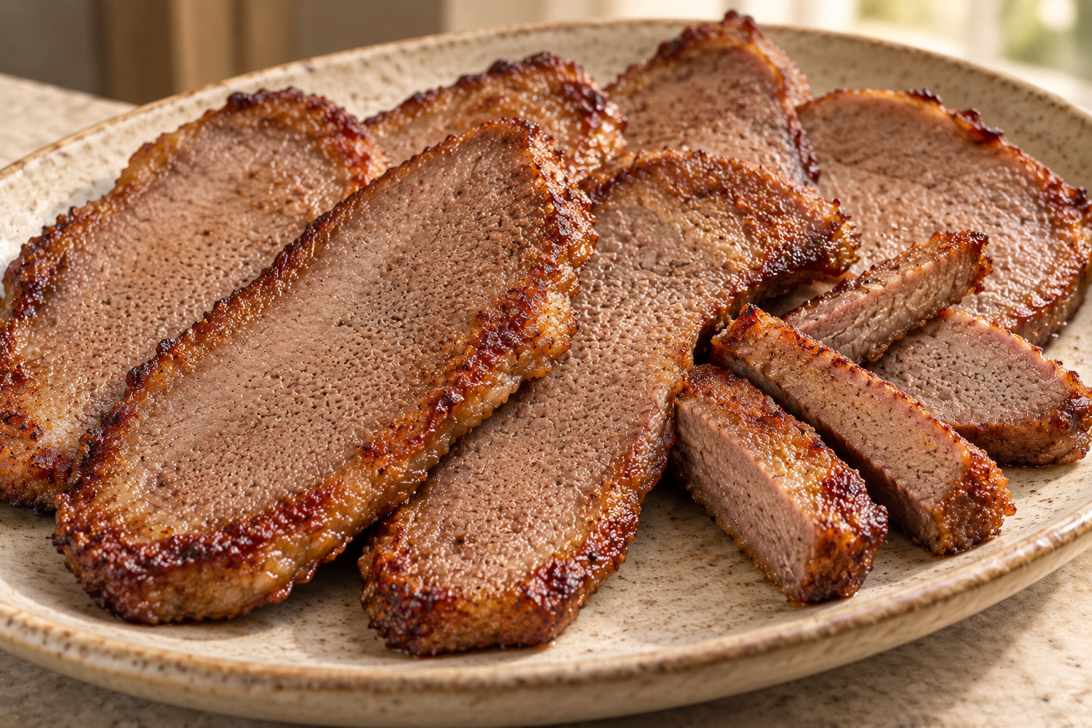 Crispy beef tongue slices pan-browned in tallow for Full GAPS