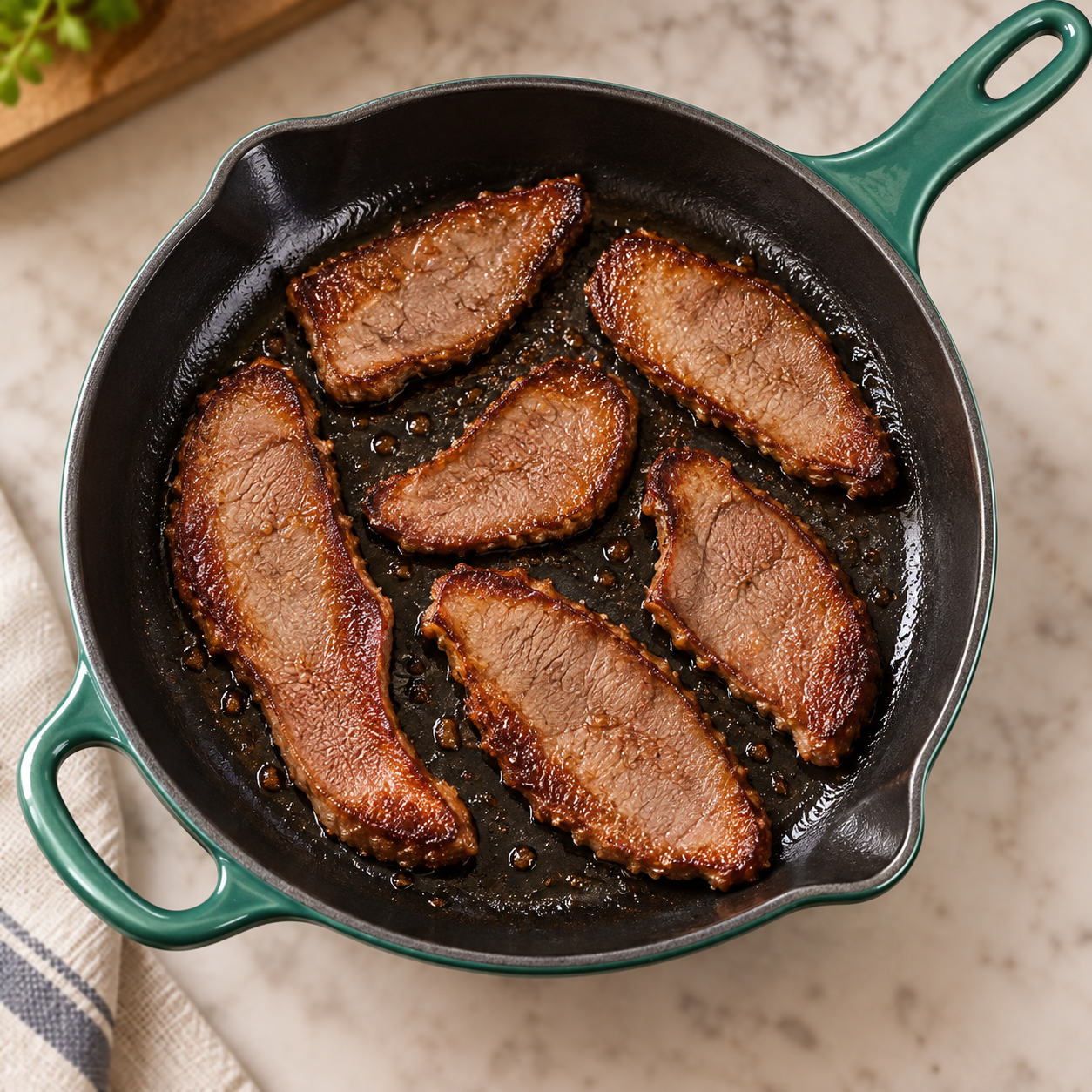 Overhead view of crispy beef tongue in an Artichaut skillet