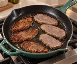 Beef tongue slices crisping in a thin film of tallow in an Artichaut skillet