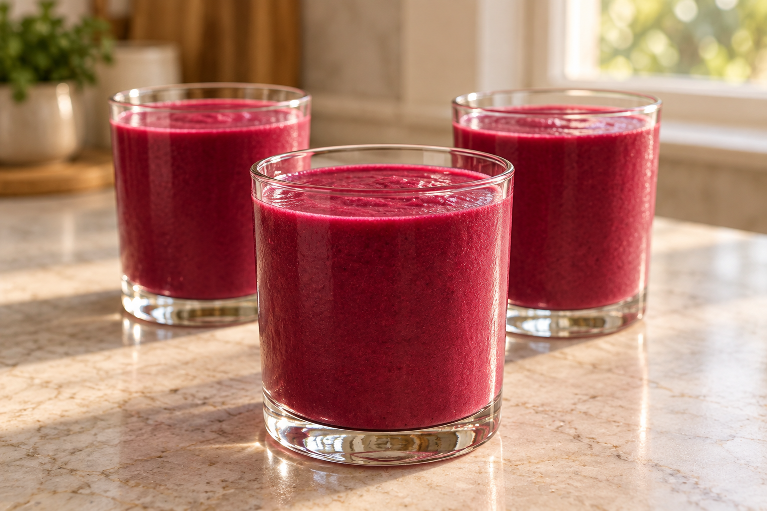Three glasses of frozen beet-ginger milkshake for Full GAPS