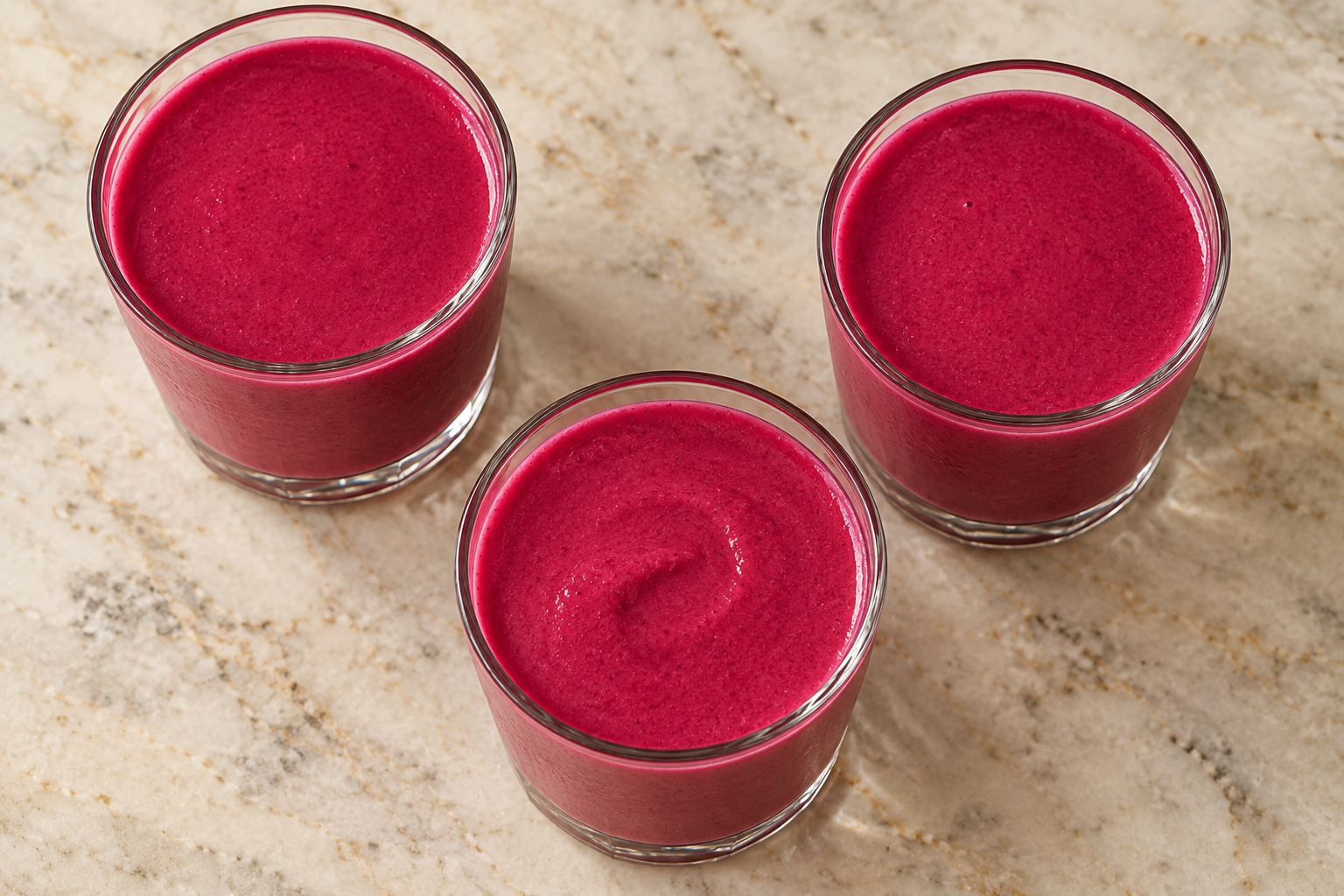 Overhead view of three frozen beet-ginger milkshakes