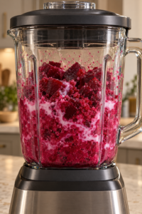 Frozen beet cubes and homemade coconut milk in the first blender stage