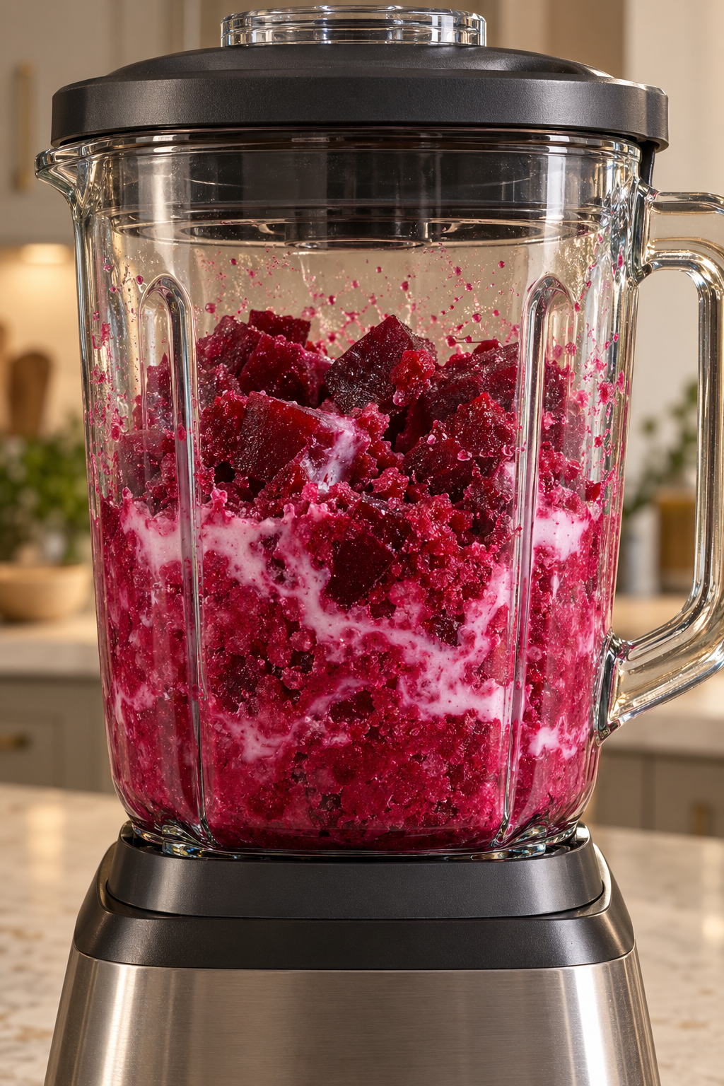 Frozen beet cubes and homemade coconut milk in the first blender stage