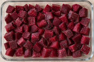 Cooked beet cubes frozen separately in a shallow glass dish