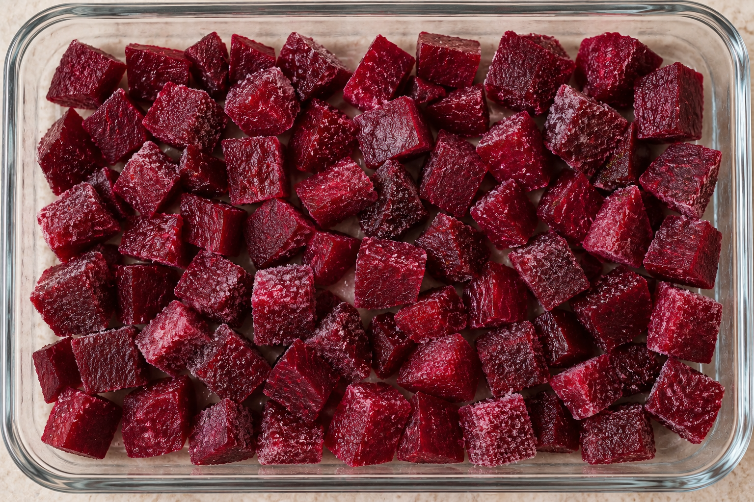 Cooked beet cubes frozen separately in a shallow glass dish