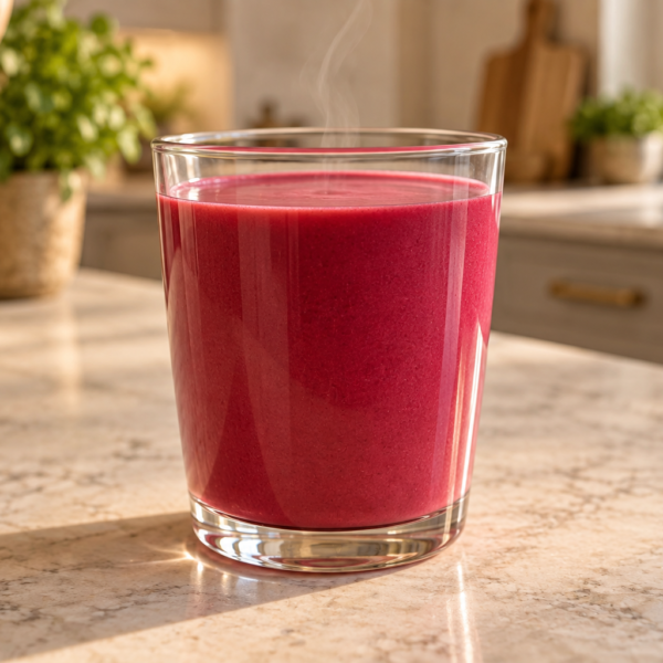 Warm beet-ginger shake with homemade coconut milk and raw honey in a clear glass