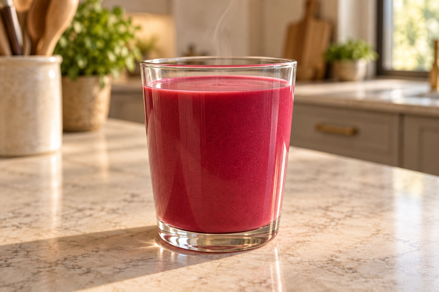 Warm beet-ginger shake with homemade coconut milk and raw honey in a clear glass