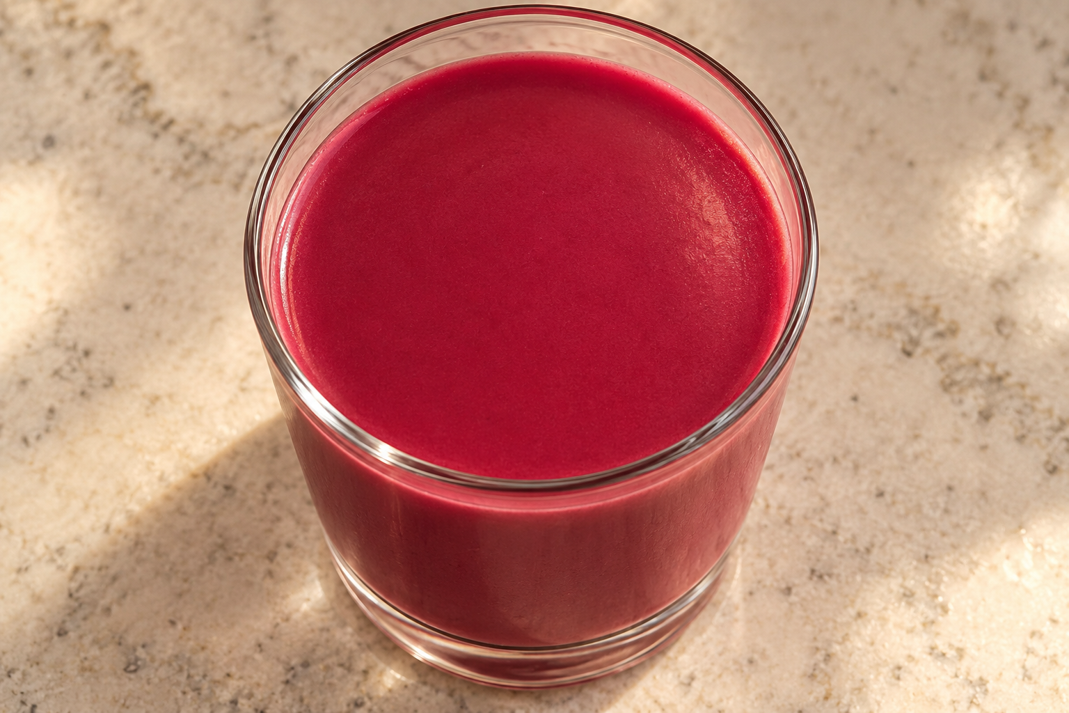 Overhead view of a smooth warm beet-ginger shake in a clear glass