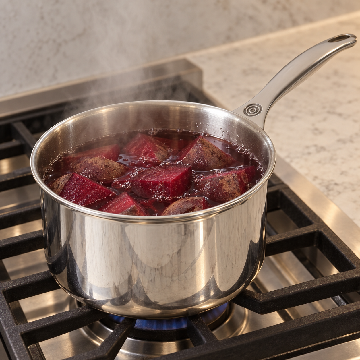 Beet chunks simmering in a Le Creuset stainless steel saucepan