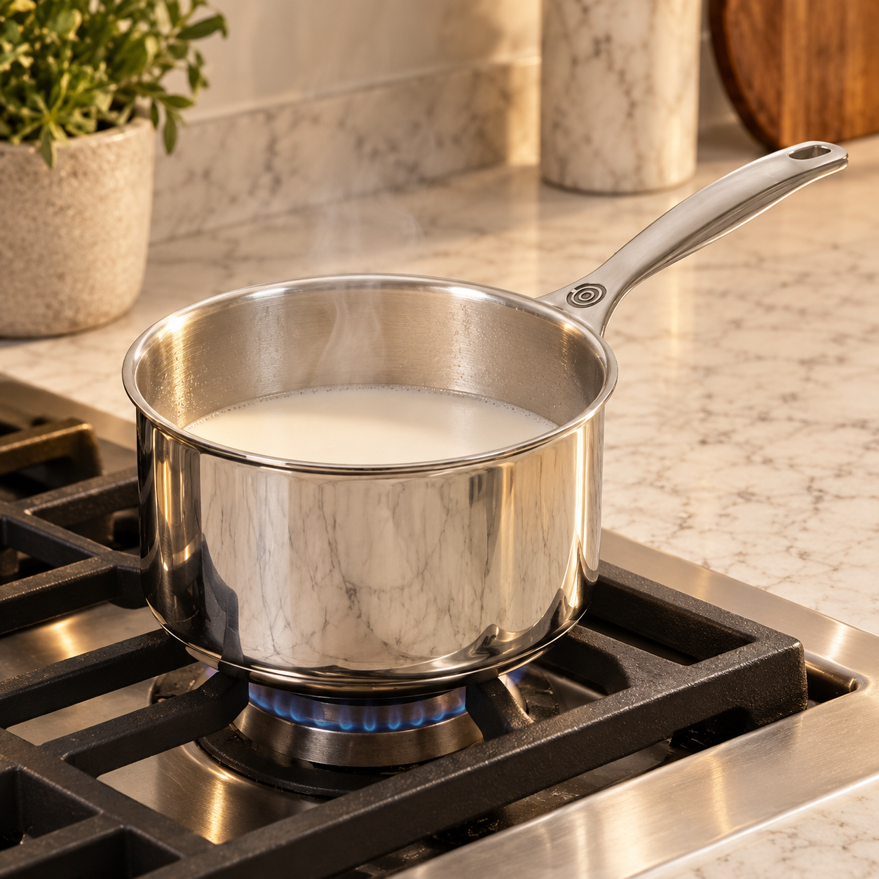 Homemade coconut milk warming gently in a Le Creuset stainless steel saucepan