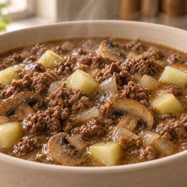 Bean-free nightshade-free beef chili with peeled zucchini and mushrooms in a cream bowl