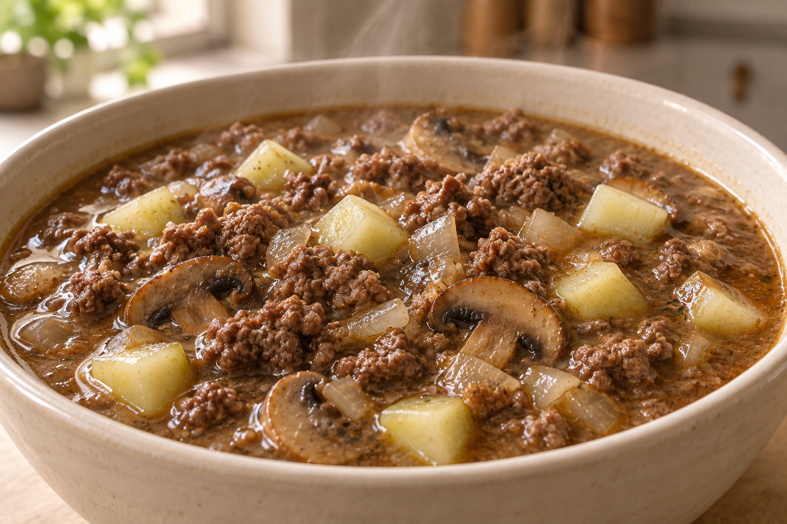 Bean-free nightshade-free beef chili with peeled zucchini and mushrooms in a cream bowl
