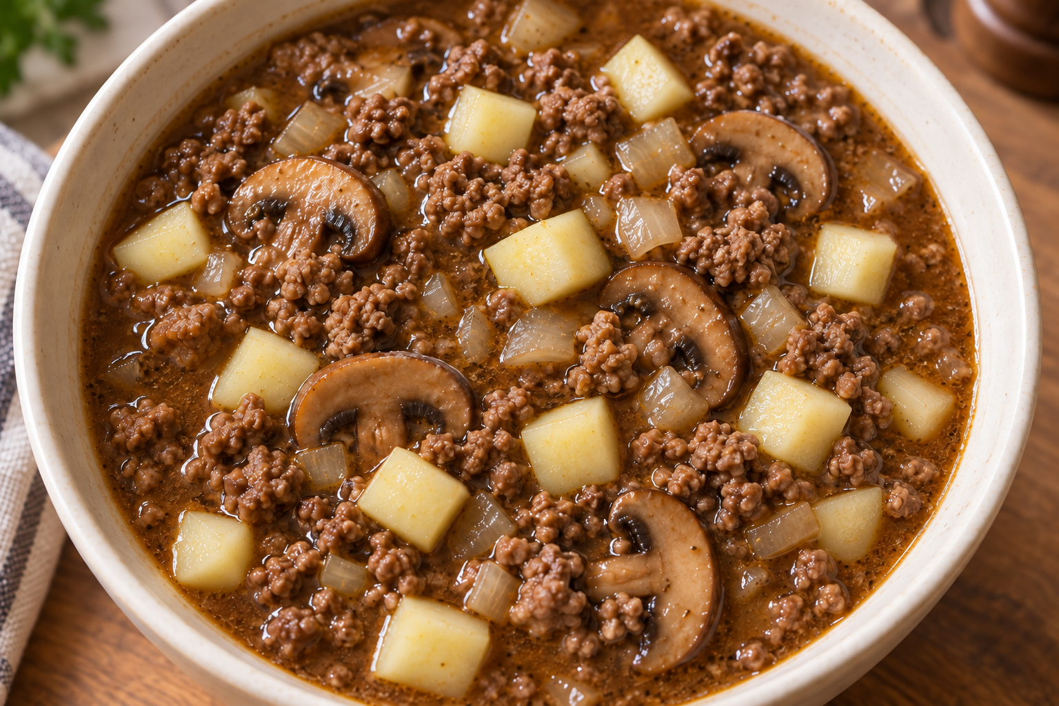 Overhead view of bean-free nightshade-free beef chili with peeled zucchini and mushrooms